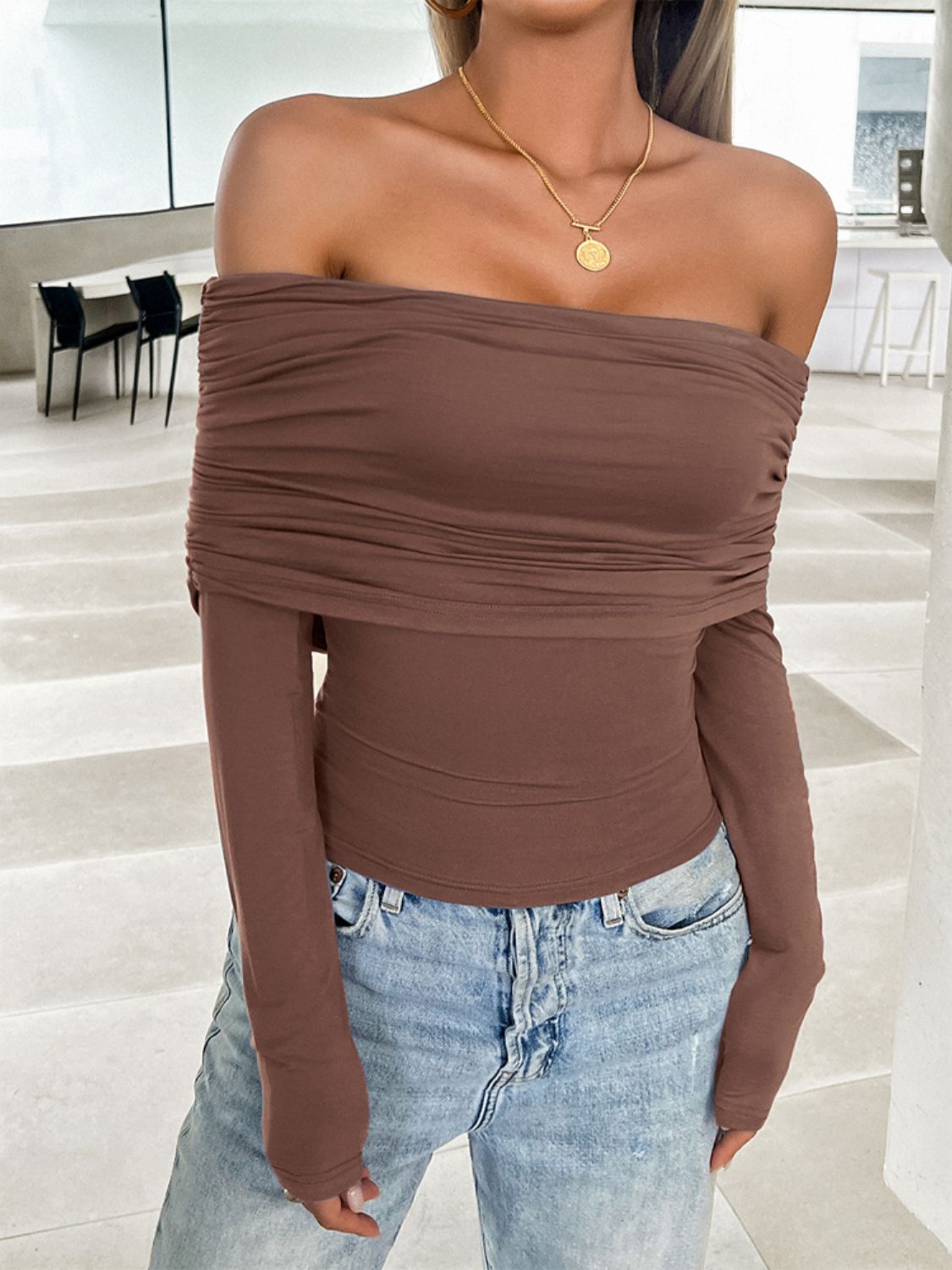 Ruched Off-Shoulder Long Sleeve Shirt