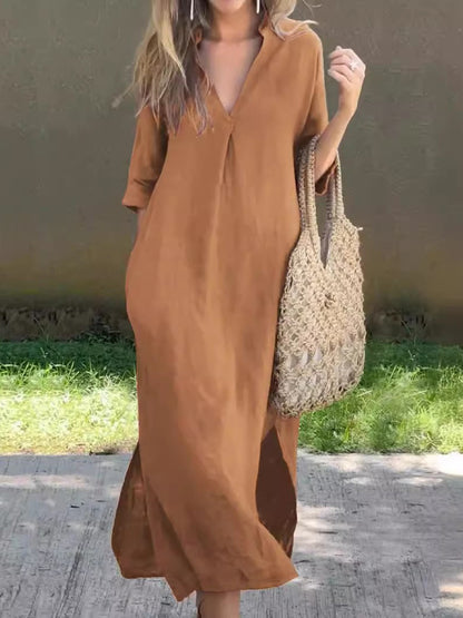 V-Neck Notched Half Sleeve Maxi Dress