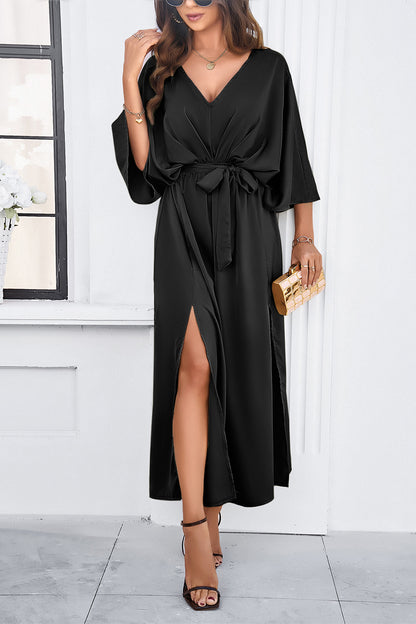 V-Neck Double Slit Belted Maxi Dress