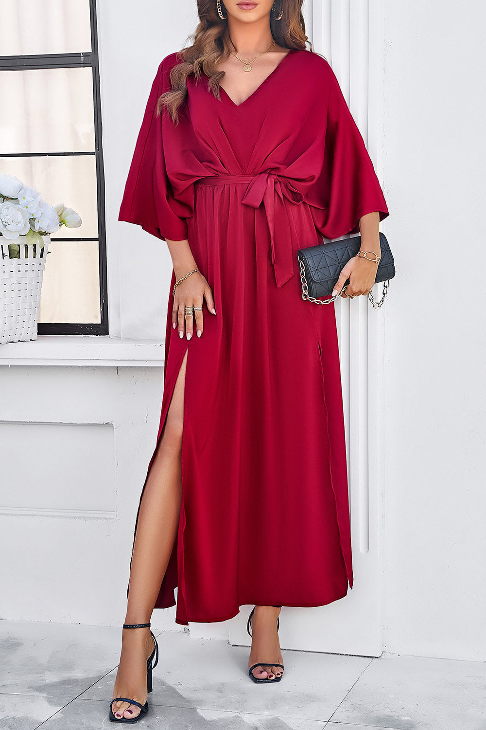 V-Neck Double Slit Belted Maxi Dress