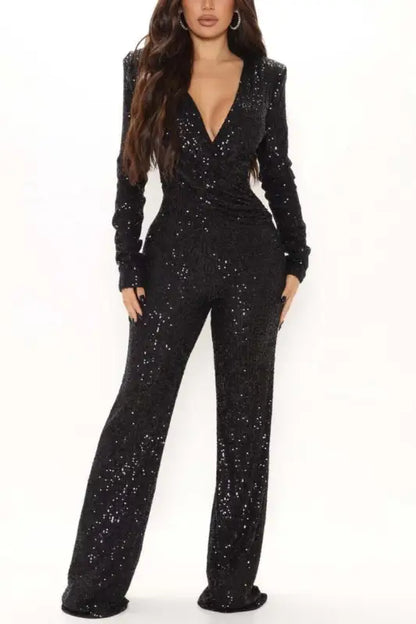 For Keeps Sequin Decor V-Neck Jumpsuit (S-2XL) - S / Black