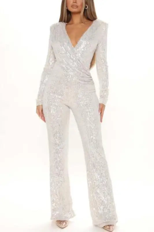 For Keeps Sequin Decor V-Neck Jumpsuit (S-2XL) - S / White