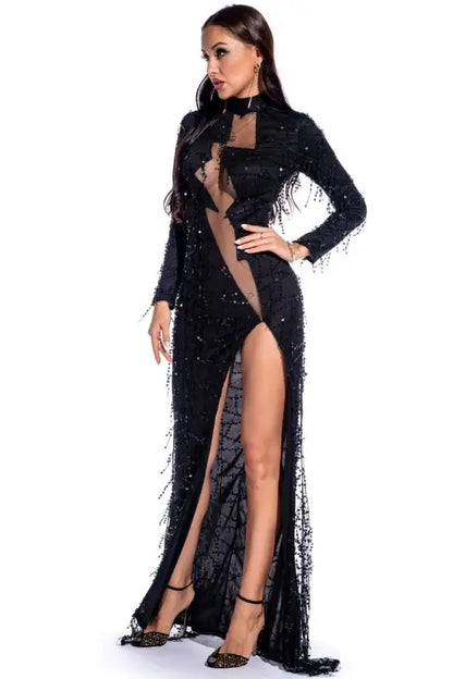 Mesh Lightening Bolt Sequin Fringe Floor Length Dress