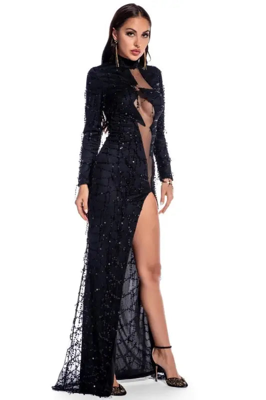 Mesh Lightening Bolt Sequin Fringe Floor Length Dress