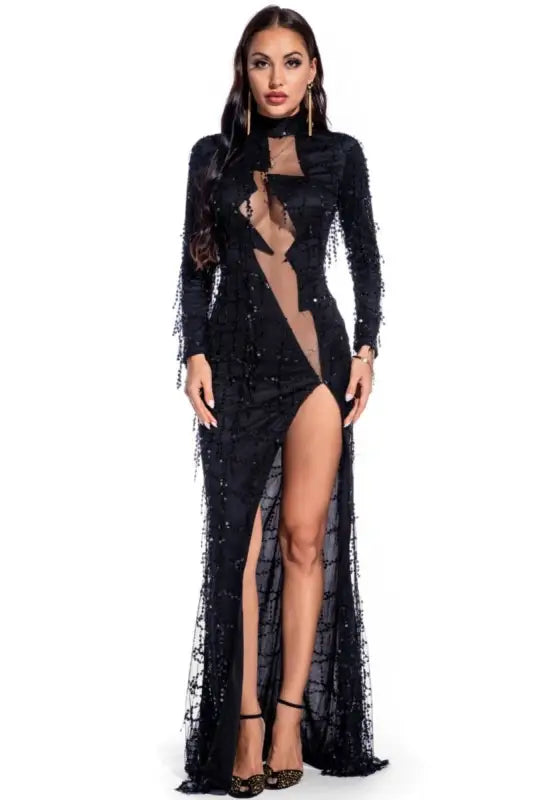 Mesh Lightening Bolt Sequin Fringe Floor Length Dress - S