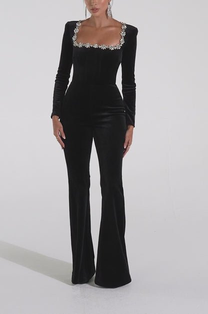 Square Daisy Collar Long Sleeve Velvet Jumpsuit